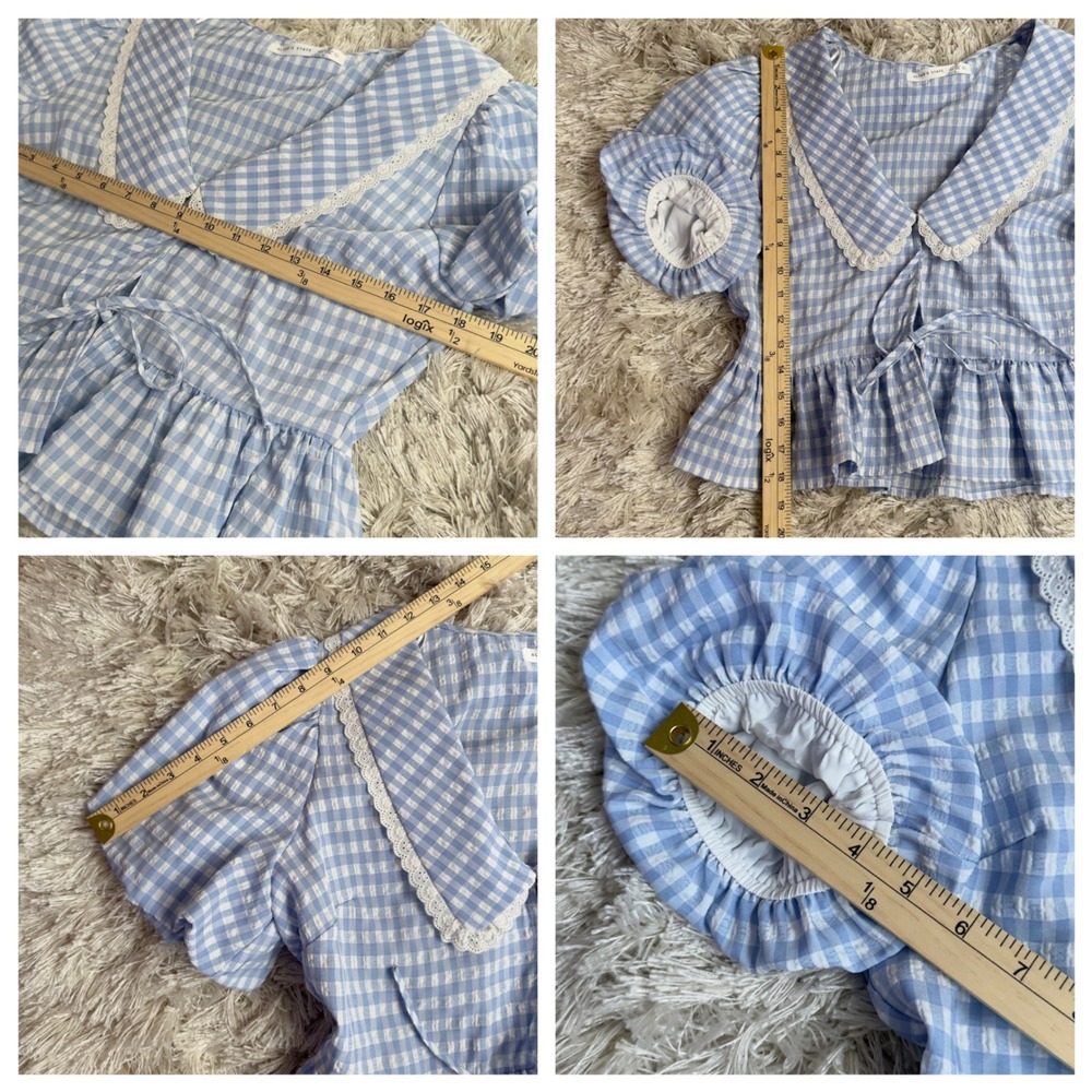 Coquette Blue White Gingham Peter Pan Collar Peplum Puff Sleeve Blouse Large - Picture 7 of 12